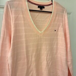 Tommy Hilfiger Sweater Womens V Neck Long Sleeve Baby Pink Thin Knit Size Large